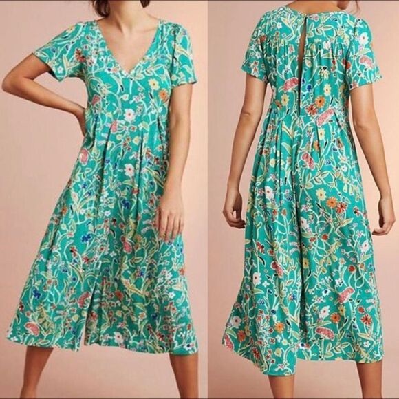 Anthro Floreat Green Yardley Floral Sleep Jumpsuit Wide Leg‎ Cropped Summer Boho - Picture 1 of 8